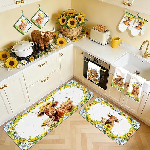 10 PCS Highland Cow Decor Kitchen Accessories - Sets 4 Dish Towels 2 Pot Holders 2 Oven Mitts 2 Rugs for Home Sweet Home Sunflower Cattle Bathroom Cooking Farmhome Housewarming Baking Gifts