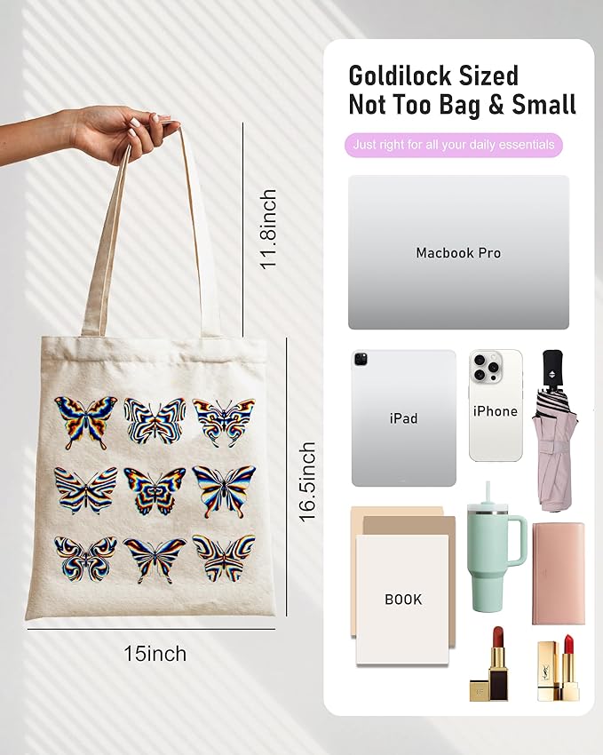 DYALE Canvas Tote Bag Double-Sided Prints with Snap Closure, Cute Tote Bag with Pocket for Shopping, Library, Work, Travel