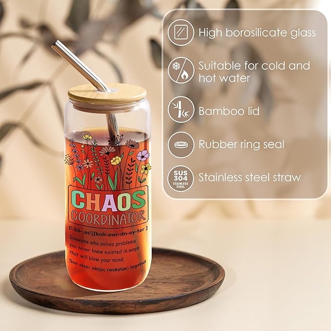 Joeyan Glass Cup with Lid and Straw - 20oz Iced Coffee Cup, Chaos Coordinator & Boho Floral Glass Tumbler, Aesthetic Drinking Glasses for Smoothie Boba Tea, Gift for Mom, Boss, Teacher, Coworker