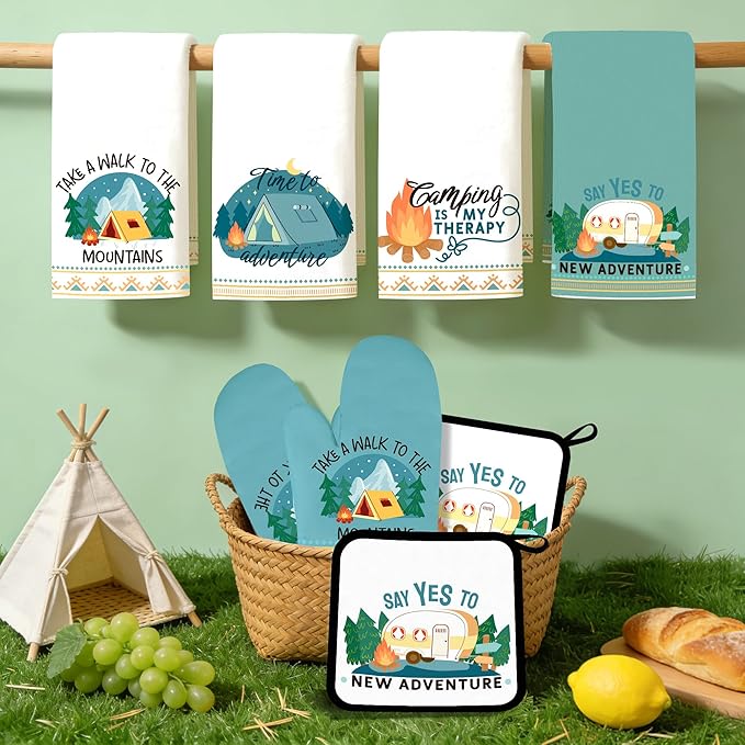 10 Pcs Camping Kitchen Decor and Accessories - Sets 4 Kitchen Towels 2 Pot Holders 2 Oven Mitts 2 Rugs for Kitchen Bathroom Home Funny Cooking Farmhome Housewarming Baking Gifts for Rv Campers