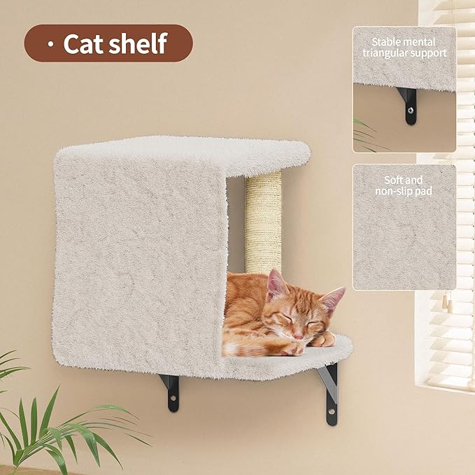 Cat Wall Shelves for Large Cats, Stable & Safe Kitty Walls Furniture Set for 40LBS Cats with Wooden Cat Climber,House, Bridge, Tree, Steps, and Scratcher for 16 Inch Drywall (Beige, 6-in-1)