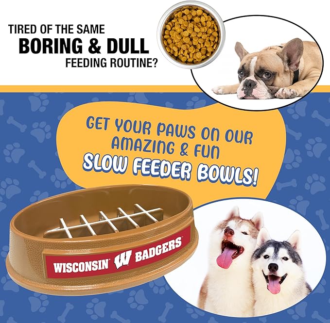 NCAA Super-Bowl - Wisconsin Badgers Slow Feeder Dog Bowl. Football Design Slow Feeding Cat Bowl for Healthy Digestion. Non-Slip Pet Bowl for Large & Small Dogs & Cats