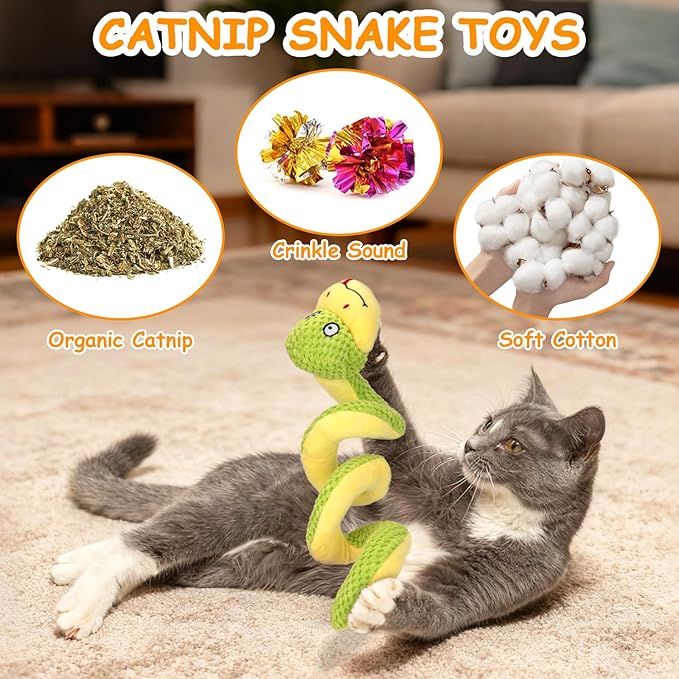 Retro Shaw 14 In Crinkle Snake Cat Toy with Catnip & Silvervine - Large Interactive Cat Kicker Toy for Indoor Cats, Realistic Stuff Snake for Biting, Chewing & Hunting, Perfect Large-Breed Kitten Gift