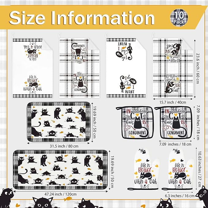 10 Pcs Black Cat Themed Kitchen Decor and Accessories - Sets 4 Kitchen Towels 2 Pot Holders 2 Oven Mitts 2 Rugs for Bathroom Cute Kitty Cooking Farmhome Housewarm Kitten Checkered Baking Gifts
