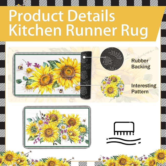 10 PCS Sunflower Plaid Kitchen Decor and Accessories - Sets 4 Kitchen Towels 2 Pot Holders 2 Oven Mitts 2 Rugs for Kitchen Bathroom Home Cooking Farmhome Housewarming Baking Daughter Mom Gifts