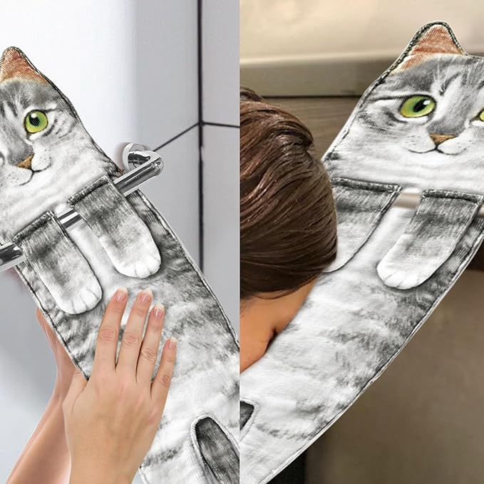 Funny Hand Towels for Bathroom Kitchen Decor - Cute Cat Hanging Hand Towel Kitchen Gadgets - Unique Housewarming Birthday Christmas Cat Lover Gift Ideas for Women Mom Lady Adults