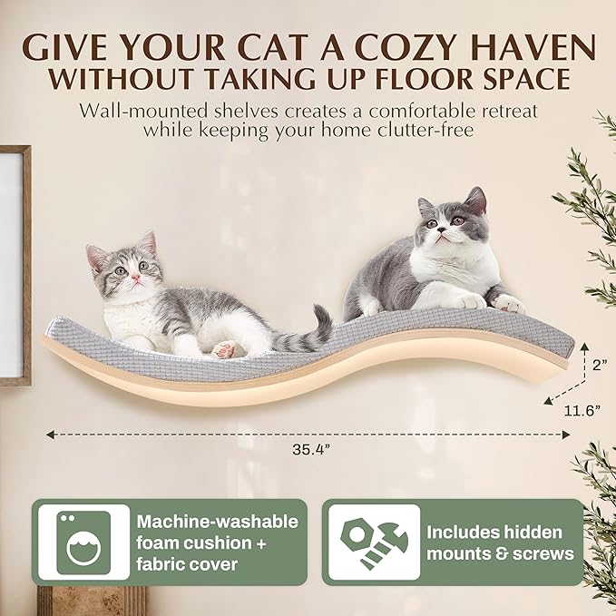 Extra Large 35.4” × 11.6” Stylish Cat Wall Shelves with Soft Cushion, Modern Wall-Mounted Cat Tree Furniture & Perch, Sturdy/Hidden Mounts, Machine Wash Cover, Sleek Design- CALLICO HAVEN Wave S-Shape