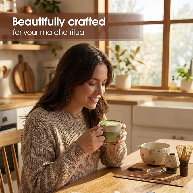 Matcha Whisk Set, 7-Piece Matcha Kit with Ceramic Bowl, Bamboo Whisk, Scoop, Sifter, Holder & Bamboo Mat – Premium Matcha Tea Set for Beginners & Matcha Lovers, Gift Ready