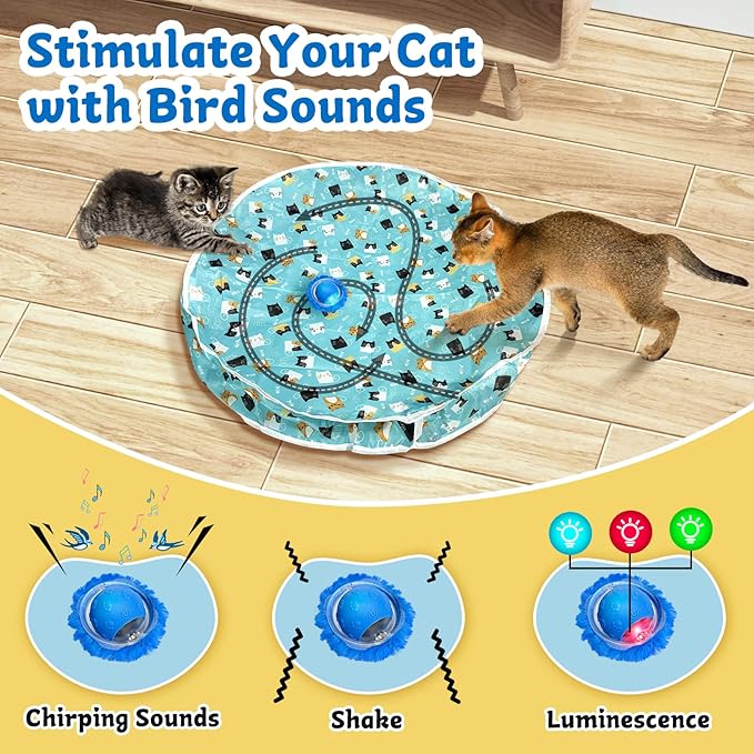 Interactive Cat Toys for Indoor Cats - Automatic Cat Toys for Bored Indoor Adult Cats in Pouch, Rechargeable Motion Activate Bird Chirping Hide and Seek Kitten Ball Toy, Mouse Catching Game for Kitten