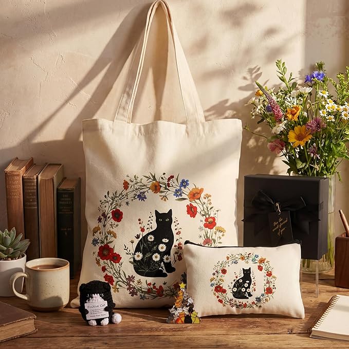 Hsei 5 Pcs Black Cat Lover Gifts Set for Women Include Canvas Tote Bag Cosmetic Bag Crochet Cat and Acrylic Keychain for Black Kitten Lovers Mother's Day Birthday Party Gifts