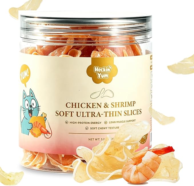 Soft Cat Treats, Chicken & Shrimp Ultra-Thin Slices for Kitten & Senior, Easy to Chew & Tooth-Friendly, Grain-Free & Gut-Friendly Cat Snacks,3.2 oz