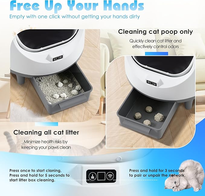 Automatic Cat Litter Box, Self Cleaning Litter Box with APP Control for Multiple Cats, Large Robot Kitty Litter Box with Safety Sensors, Odor Removal, 2 Roll Garbage Bags, 90L Open-Top Design
