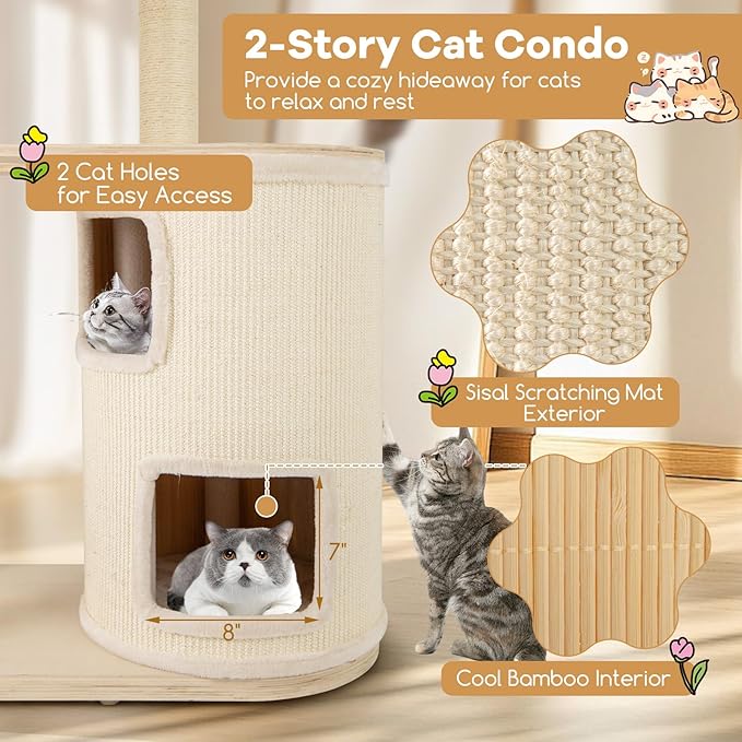 Tangkula Cat Tree Tower, 60 Inch Multi-Level Modern Wooden Cat Tower with 2-Story Condo, Sisal Scratching Posts & Mat, Perch, Hammock, Washable Plush Cushion for Indoor Cats Large Adult