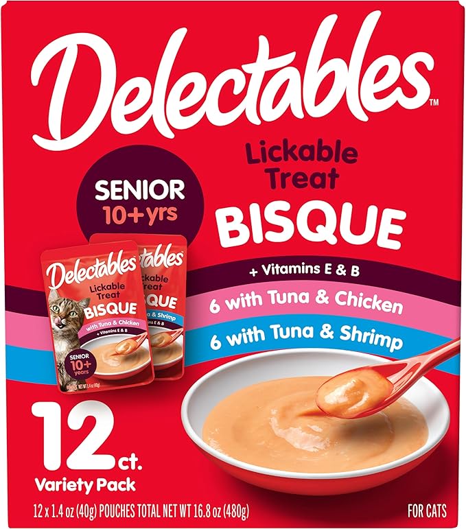 Delectables Lickable Treat Bisque Senior 10+ Wet Cat Treat Variety Pack, Food Topper, Hydrating, Grain-Free, No Fillers, No By-Products, No Added Preservatives, 1.4oz Pouch, 12ct