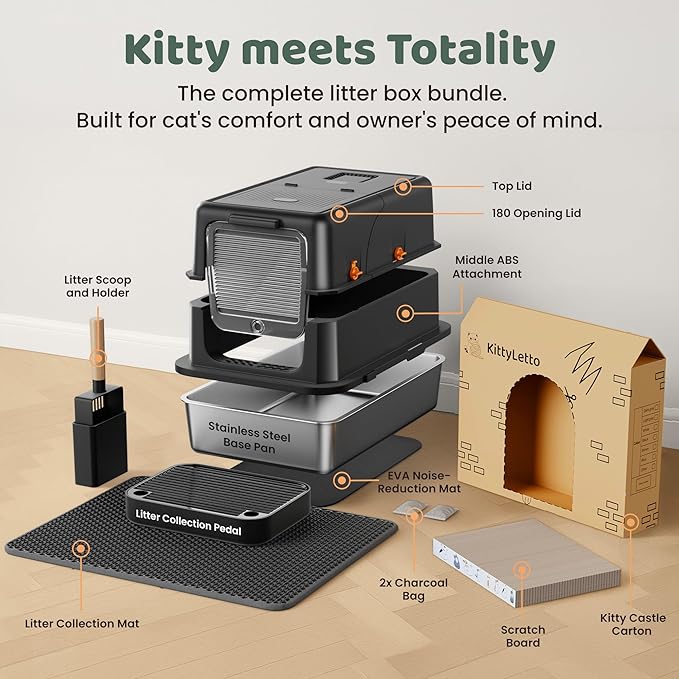 Stainless Steel Litter Box with Lid - XL Enclosed Litter Box for Cats with Collecting Mat - 4 Way Setup Fully Closed, Semi Low, High & Open Kitty Boxes, Leak Proof Metal LitterBox (Black)