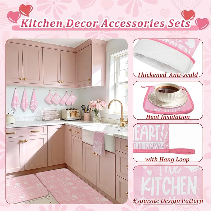 10 Pcs Pink Kitchen Dish Towels Pot Holders Oven Mitts Glove Rustic Rugs Mat Set Cute Farmhouse Kitchen Decor Accessories for Cooking Baking Home Decor Spring Housewarming Mom Gift BBQ