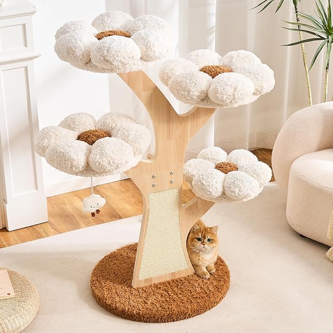 HITTITE Flower Cat Tree with Scratching Post, 48 Inches Cute Cat Tower with Wooden Branch Design, Aesthetic Modern Cat Climbing Tower with Flower Perches and Hanging Toy for Indoor Cats Large Adult.