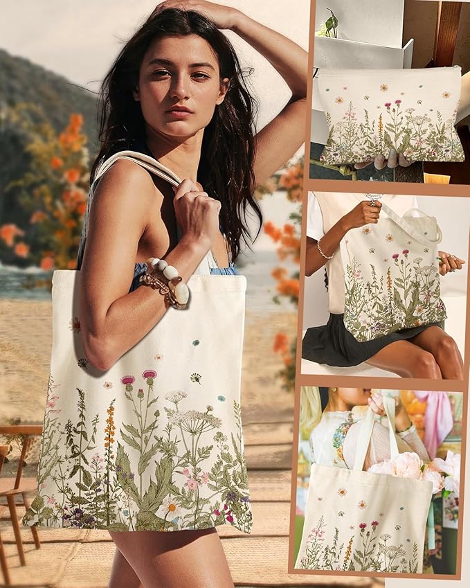 Miss Adola Aesthetic 2 Pack Canvas Tote Bag - with Makeup Zipper Pouch for Women Bag for Shopping, Gym, Travel, Vacation