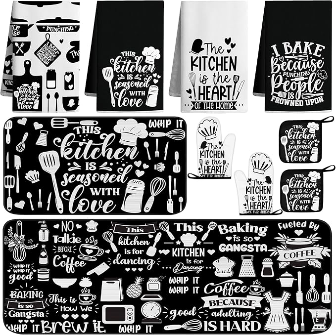 10 PCS Farmhouse Kitchen Decor Sets 4 Black White Kitchen Dish Towels 2 Oven Mitts 2 Pot Holders 2 Rugs Mats Rustic Decorations Accessories for Cooking Baking Bathroom Home Housewarming Camp Mom Gift