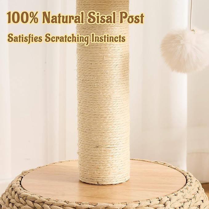 30" Modern Cat Tree Tower for Indoor Cats, Aesthetic Rattan Cat Furniture with Handwoven Wicker Cat Bed Cave, Ultra-Soft & Washable Cushions, Natural Sisal Scratching Post and Solid Wood Base