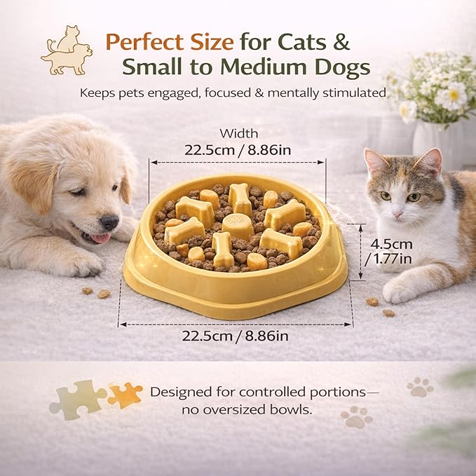 Slow Feeder Bowl for Small & Medium Cats & Dogs - Durable Slow Feeding Bowl with Non-Slip Base -Anti-Choking Puzzle Food Bowl for Dogs That Helps Mental Stimulation & Reduces Fast Eating-Yellow