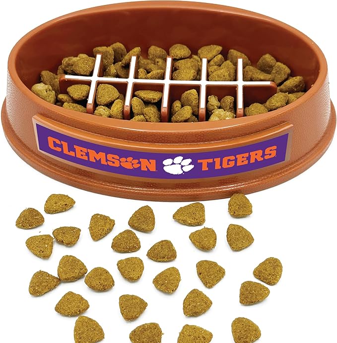 NCAA Super-Bowl - Clemson Tigers Slow Feeder Dog Bowl. Football Design Slow Feeding Cat Bowl for Healthy Digestion. Non-Slip Pet Bowl for Large & Small Dogs & Cats