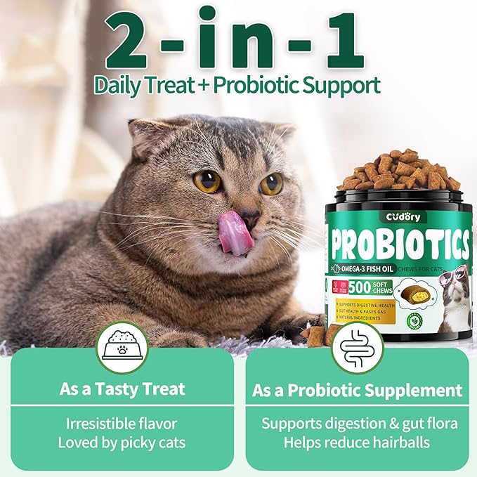 Cat Probiotics Treats for Digestive & Gut Support - 500 Crunchy & Creamy Cat Snacks - Cat Gut Health, Constipation Relief, Healthy Stool, Natural Supplement for Cats, Chicken Flavor (90-Day Supply)