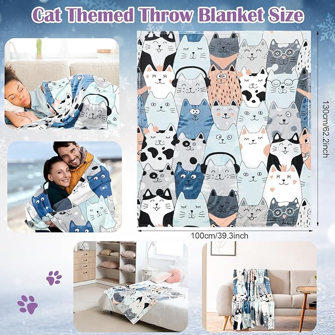 Mepase 6 Pcs Winter Cat Gifts Set for Women Birthday Include Cat Beanie, Scarf, Touchscreen Gloves, Flannel Throw Blanket Makeup Pouch and Transparent Zip Tote Purple Knit Valentine Gift Accessories