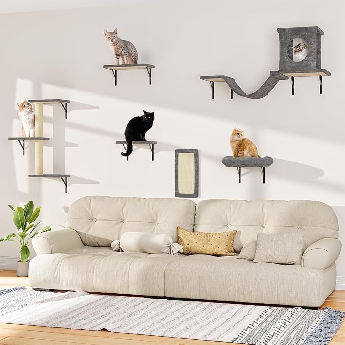 12-in-1 Cat Wall Shelves, Wall Mounted Cat Climber with Condo House, Scratching Post, Bridge Ladder, Space-Saving Indoor Play Furniture for Kittens, Dark Gray
