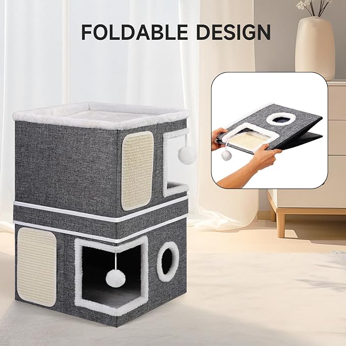 Shikha 2-Storey Cat Houses for Indoor Cats, Dual-Purpose Double Large Cat Beds Cave with Hideaway Condos, Scratch Pads, Fluffy Balls, Foldable Indoor Cat Cube House for Multi Small Pets Kitten, Grey