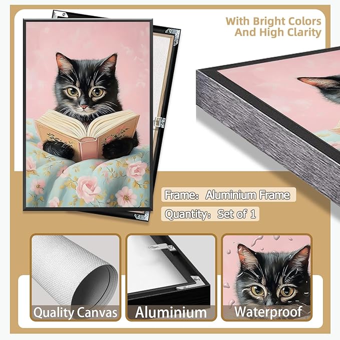 Vintage Cute Cat Canvas Wall Art Funny Cat Covered With Quilt Reading A Book Poster Trendy Cat Lovers Animal Aesthetic Prints Painting For Girls Room Bedroom Dorm Wall Decor 12x16in Framed