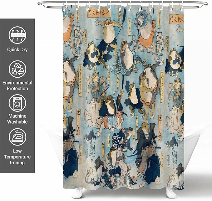 Vintage Blue Samurai Frog Shower Curtains,Folklore Japanese Shower Curtain for Bathroom,Funny Ninja Frog Japanese Art Bathroom Decor,72x72 Inch