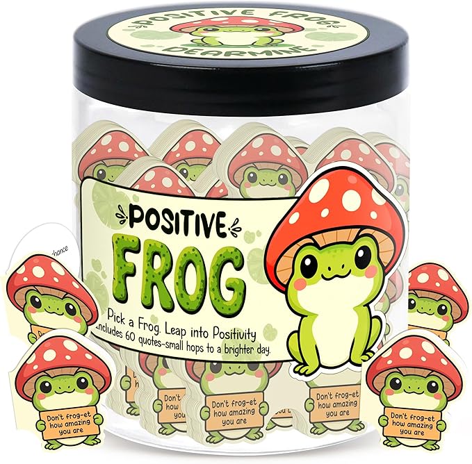 DEARMINE Positive Frog Jar with 60 Affirmation Cards, Emotional Support Gift, Christmas Home Office Decoration, Frog Gifts for Women, Teens, Teachers, Coworkers, Friends, Men