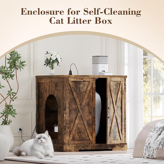 Heybly Litter Box Enclosure,Large Robot Cabinet with Charging Station,Wooden Cat Litter Box Enclosure Furniture for Self-Cleaning Robot 3 & 4,Hidden for Smart Litter Box Size, Rustic Brown HCLB004SR