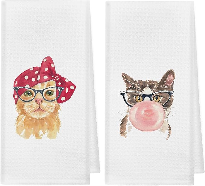 kunlisa Cat Kitchen Towel,Cat Gifts for Women,Kitchen Towels Decorative Set,Cute Kitchen Towels(Set of 2)（Bubble）