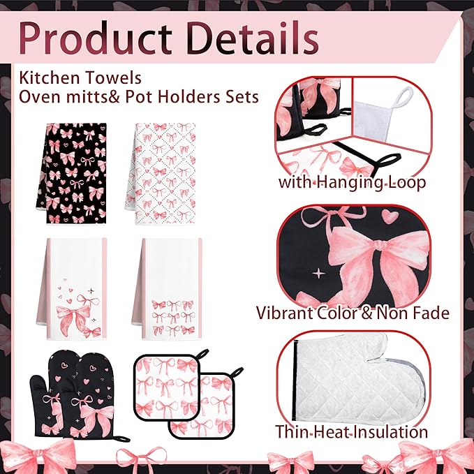 10 Pcs Cute Pink Bow Kitchen Decor and Accessories - Valentines Day Sets 4 Dish Towels 2 Pot Holders 2 Oven Mitts 2 Rugs for Kitchen Bathroom Home Cooking Housewarming Baking Daughter Mom Gift