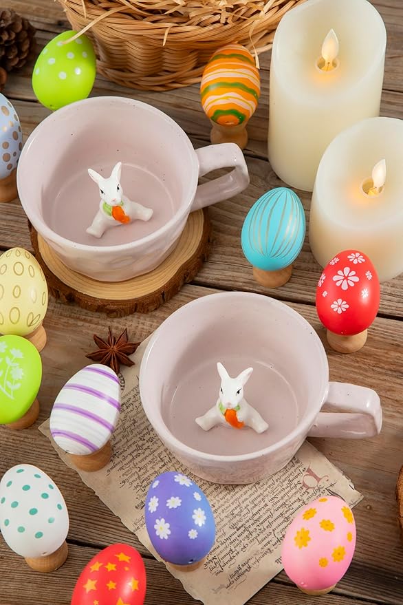 DIHOclub Farmhouse Ceramic Coffee Mug with Rabbit Figurine – Rustic Stoneware Cup, Matte Finish, Ideal for Breakfast & Home Decor (Pink Rabbit)