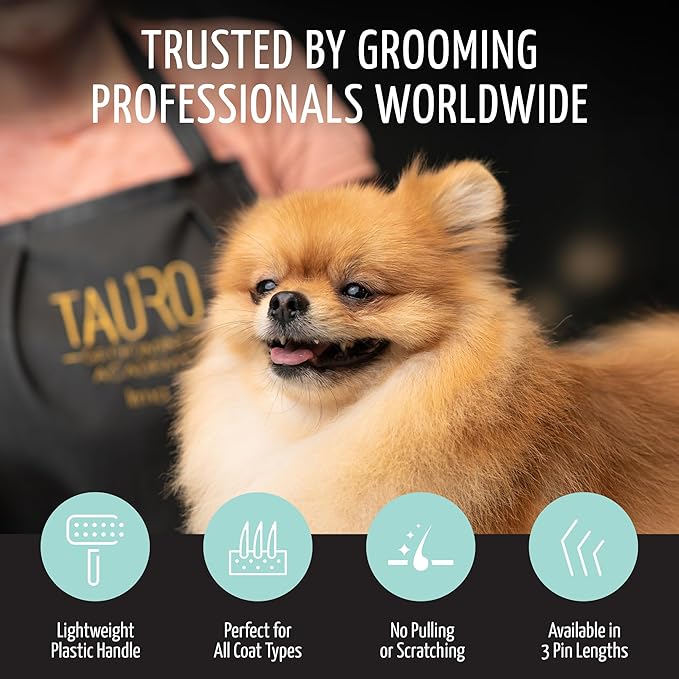 Tauro Pro Line Deshedding Slicker Brush for Dogs & Cats, Hard Pins for Undercoat Removal & Dematting, Grooming Tool for Long & Dense, Ideal for Pomeranians & Collies, Non-Slip, Mint, Large Size (L)