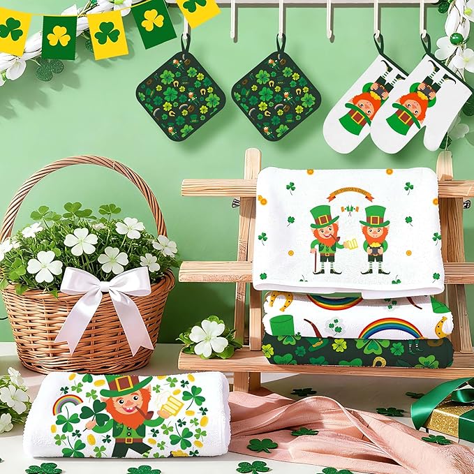 10 PCS Green Kitchen Decor Accessories Sets Shamrock Lucky Clover Kitchen Towels Green Elf Oven Mitts Pot Holders Rug Mat Decoration for Cooking Baking Bathroom Home Camp Spring Gift