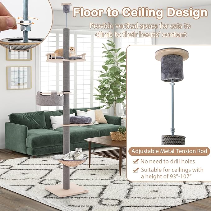 Tangkula Floor to Ceiling Cat Tree, Tall Cat Tower with Adjustable Height (93-107 Inch) for Large Cats, 5 Tier Cat Climbing Pole with Scratching Post, Cattail Basket Bed, Hammock for Indoor Cats