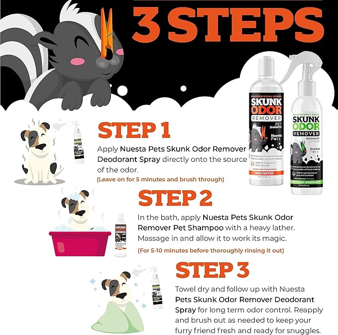 Pets Skunk Odor Remover System w/Activated Charcoal | Ultimate Dual-Action System for Dogs & Cats | Skunk Shampoo & Spray Smell Eliminator | Vet-Approved Cleansing for Dogs, Cats & Home
