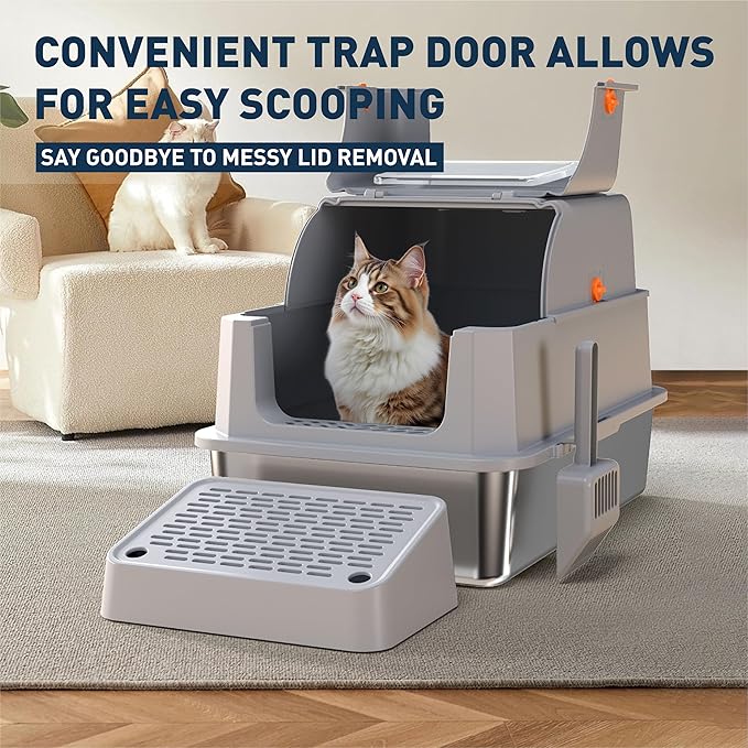Stainless Steel Cat Litter Box - Gray High-Sided Enclosed Design, Anti-Leak, Reduces-Odors, Non-Sticky, Easy to Clean, Metal Cat Litter Box, High Side Includes Scoop and Steps, Large Capacity