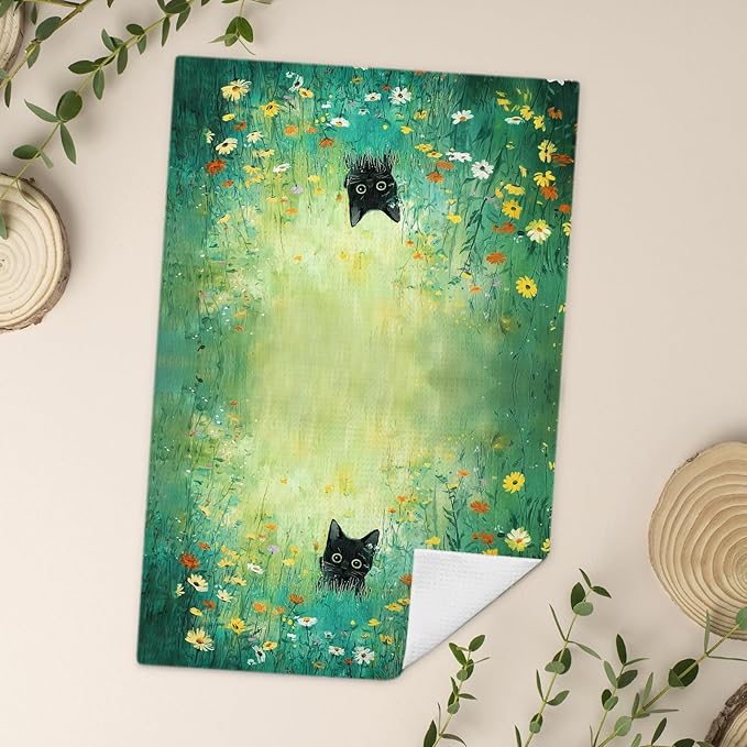 Green Meadow Floral Black Cat Decorative Kitchen Towels, Cat Lover Mom Lady Gifts, Aesthetic Cute Black Kitten Flower Hand Tea & Dish Towels for Bathroom Kitchen, 16x24 Inch