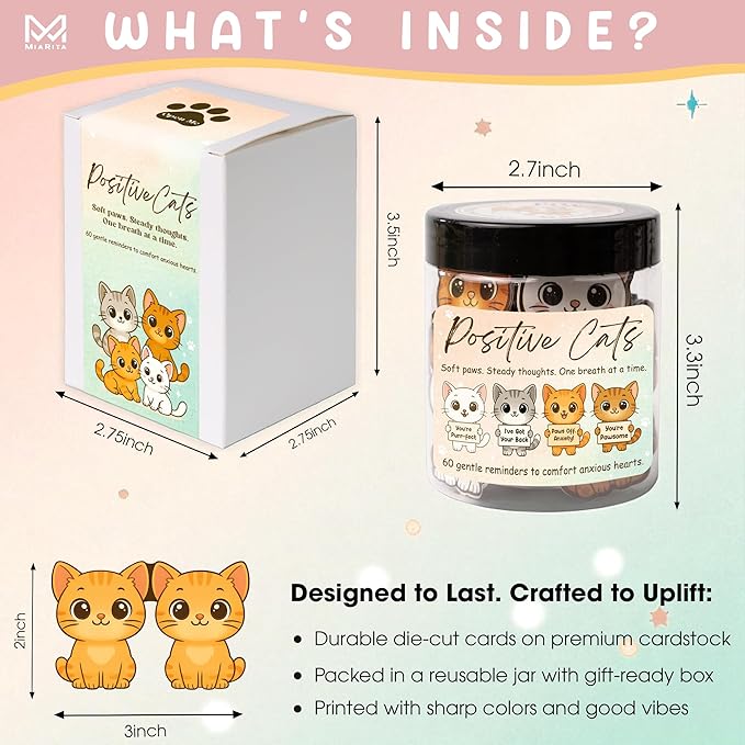 Positive Cats Jar – 60 Affirmation Cards for Anxiety & Self Care, Cat Mom Gifts For Women, Cat Gifts for Women, Teens & Men, Cats Lover Themed Gift, Easter Basket Stuffers For Teens, Kids, Toddler