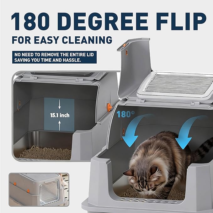 Stainless Steel Cat Litter Box - Gray High-Sided Enclosed Design, Anti-Leak, Reduces-Odors, Non-Sticky, Easy to Clean, Metal Cat Litter Box, High Side Includes Scoop and Steps, Large Capacity