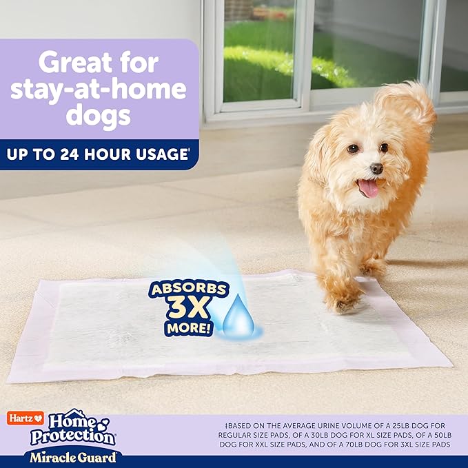 Hartz Miracle Guard Dog and Puppy Dog Pads Max Absorbency 24 Hour Use Odor Eliminating Lavender Scented No Leaks, 2XL Size 20 Count