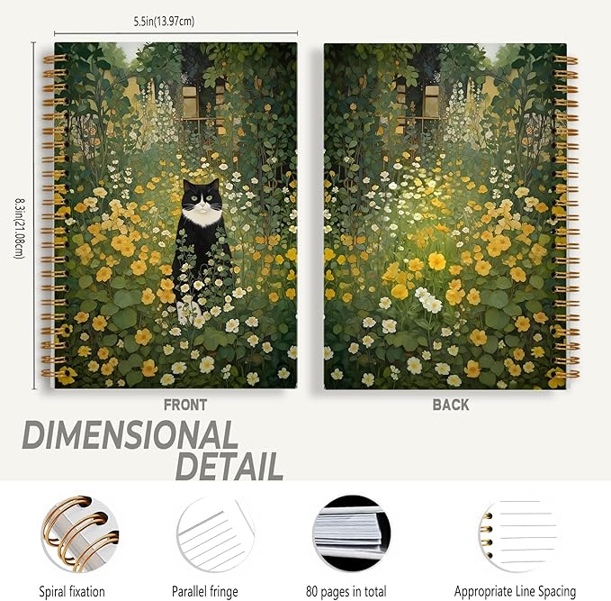 Wildflower Moody Cat Notebook, Retro Cottagecore Botanical Black and White Cat Journal for Writing, Witchy Cats Office Supplies, Spiral Notebook 5.5x8.3 Inch