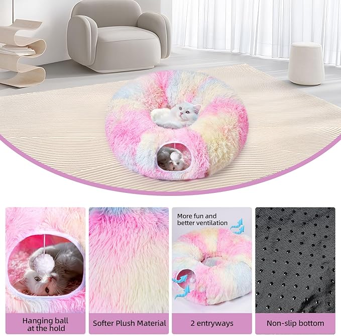 Cat Tunnel Bed with 20 Pcs Interactive Toys, 3-in-1 DIY Collapsible Plush Cat Tube with Washable Mat, Large Indoor Play Tunnel Cave for Kittens and Small Animals