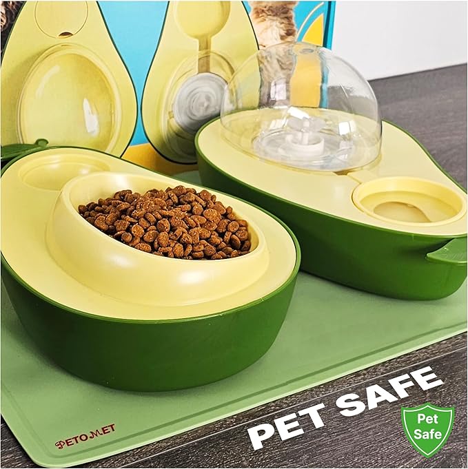 Cat Food and Water Bowl – Avocado Cat Bowl with Water Dispenser Pet Bowl& Small Dogs, Non-Spill, Anti-Choke, Eco-Friendly Dog Feeding Bowl Water Fountain 3-in-1 (Green&Yellow)