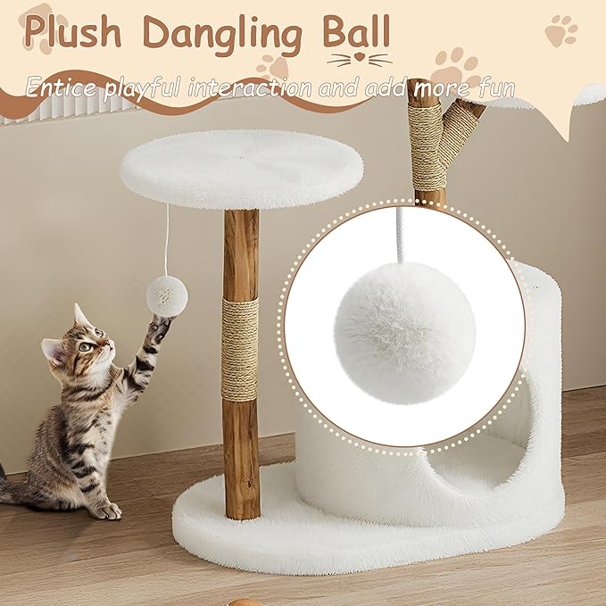 46-Inch Luxury Wooden Cat Tree Tower for Large Cats – Modern Real Branch Cat Condo with Spacious Basket, Sturdy Scratching Posts & Hanging Poms – Deluxe Indoor Cat Furniture